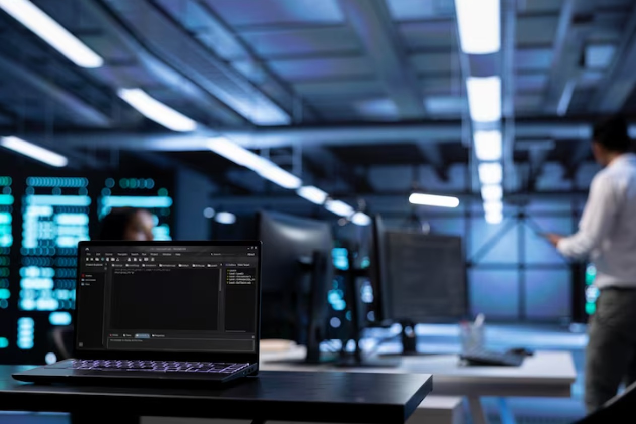 Laptop na biurku w nowoczesnym biurze z włączonym interfejsem programistycznym, w tle ludzie pracujący na komputerach.