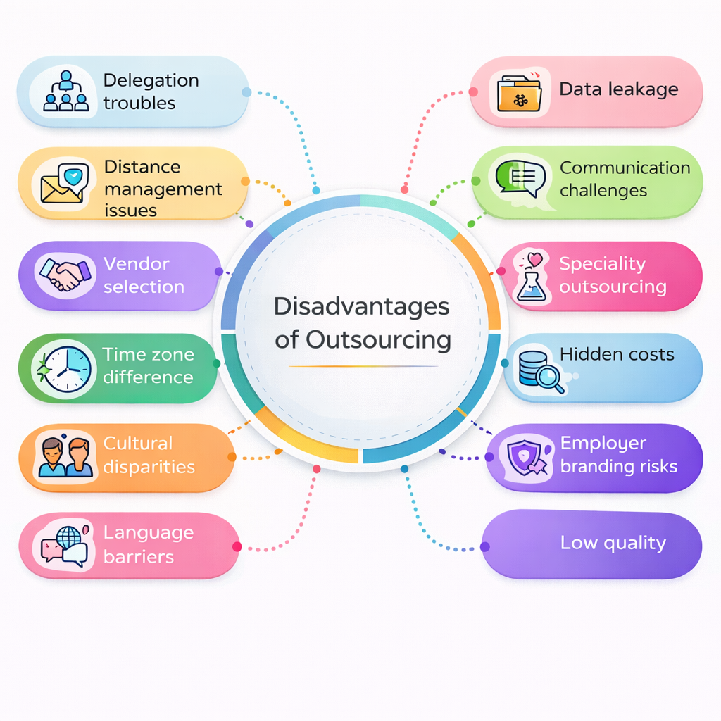 Modern infographic illustrating the disadvantages of outsourcing connected to a central heading.