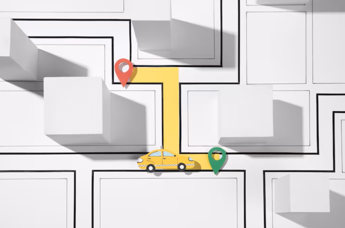 Illustration of a city map with a yellow route, location pins, and a taxi representing planning and navigation.