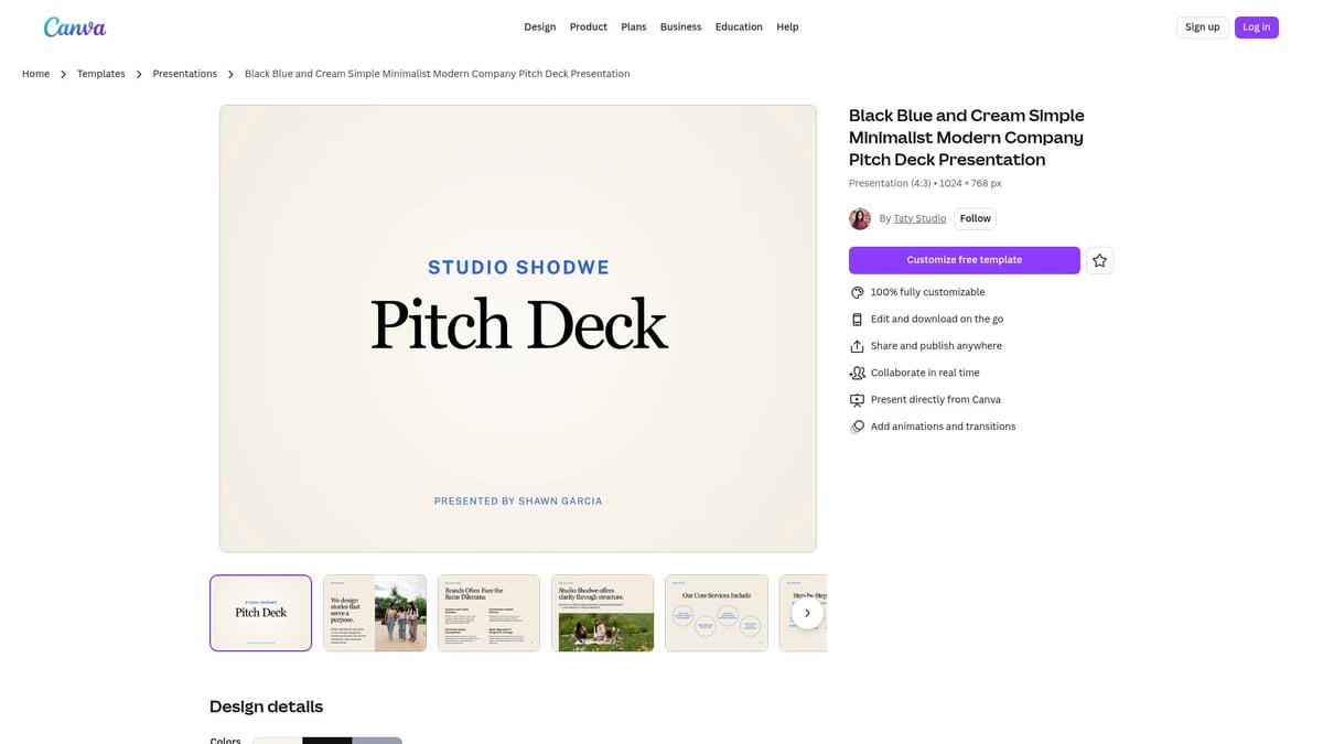 Top 10 Canva Pitch Deck Templates to Impress in 2026 - Black Blue and Cream Simple Minimalist Modern Company Pitch Deck Presentation