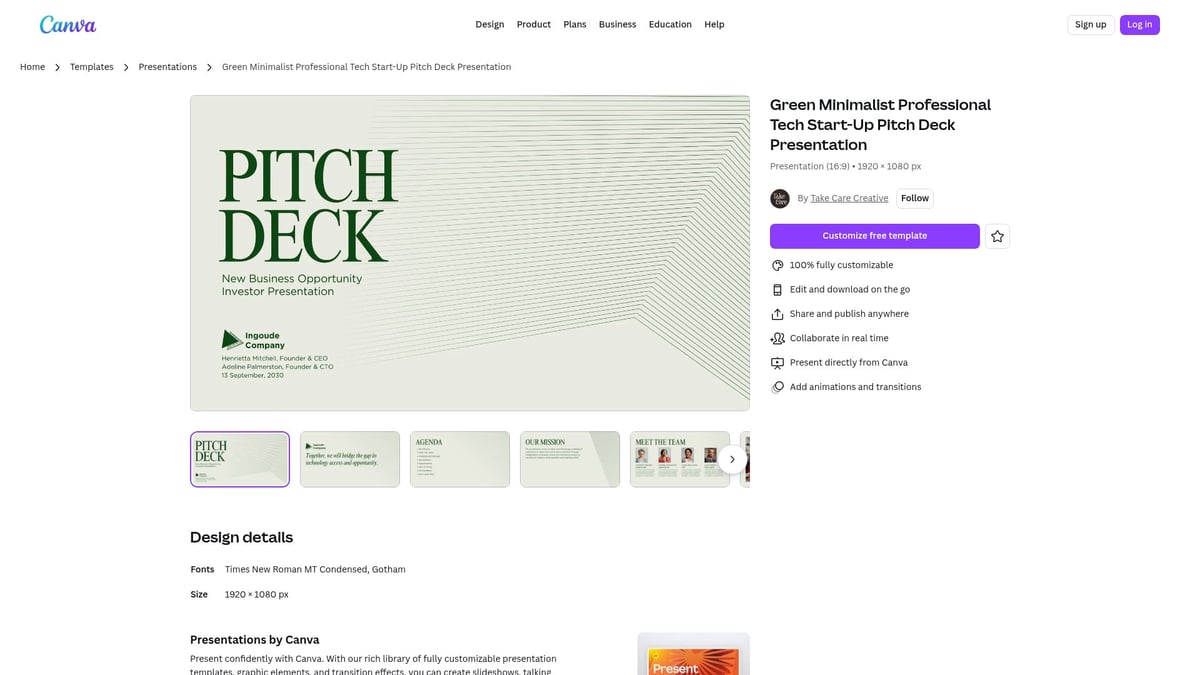 Top 10 Canva Pitch Deck Templates to Impress in 2026 - Green Minimalist Professional Tech Start-Up Pitch Deck Presentation