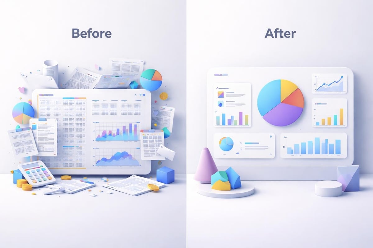 Visual comparison between data-heavy slides and professionally designed financial presentations