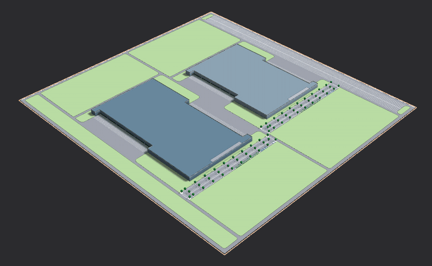 Cross-Dock, Mixed Sizes, Truck Loop, 3D orbit of the site layout generated in TestFit