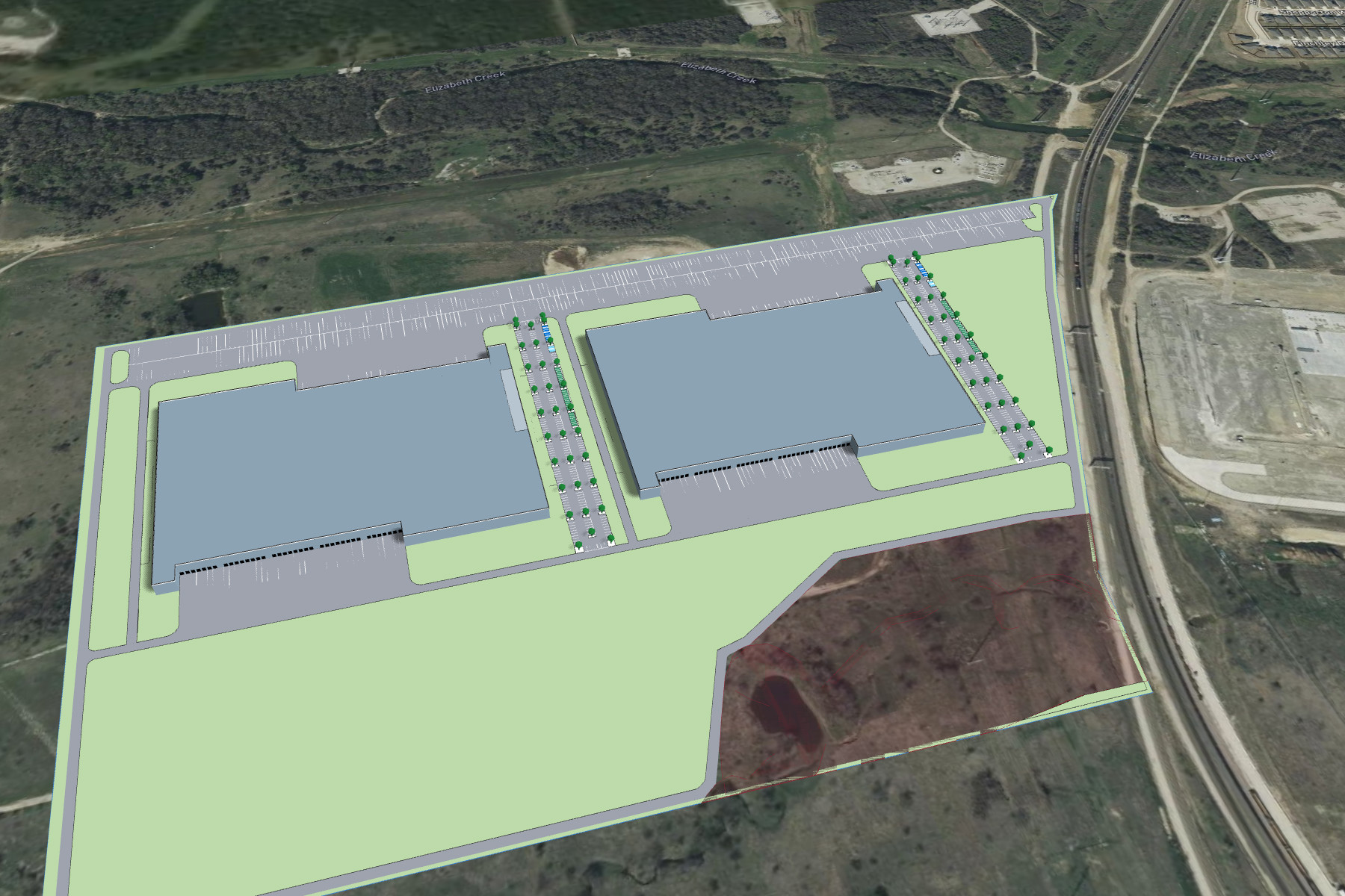 Cross-Dock, Mixed Sizes, Truck Loop, 3D layout with truck courts on both long sides and a perimeter truck loop
