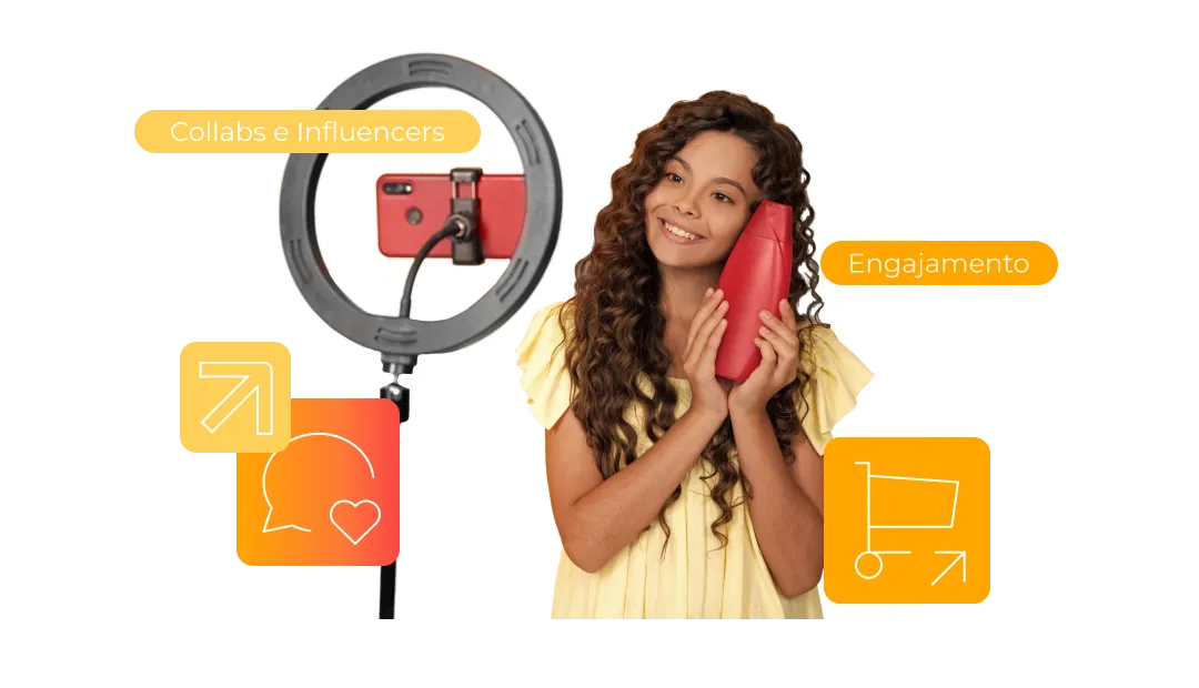 uma moça com uma ring light e um celular faz conteúdo como influencer