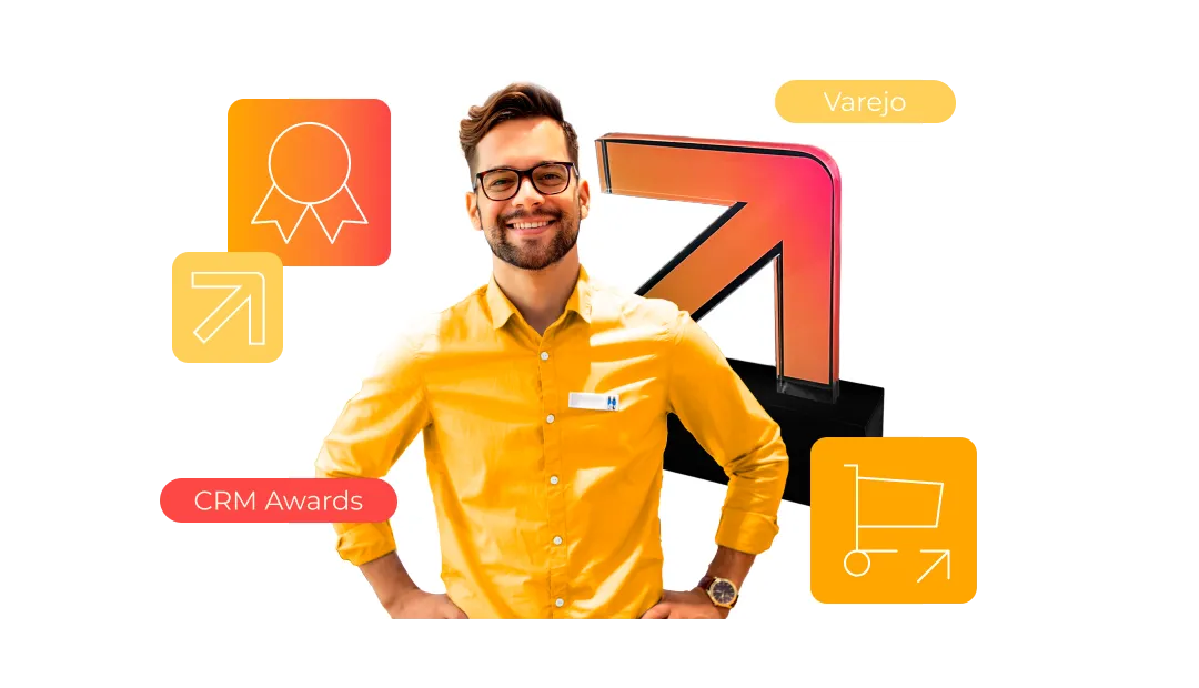 vendedor de camisa laranja com as palavras varejo e CRM Awards inseridas na imagem