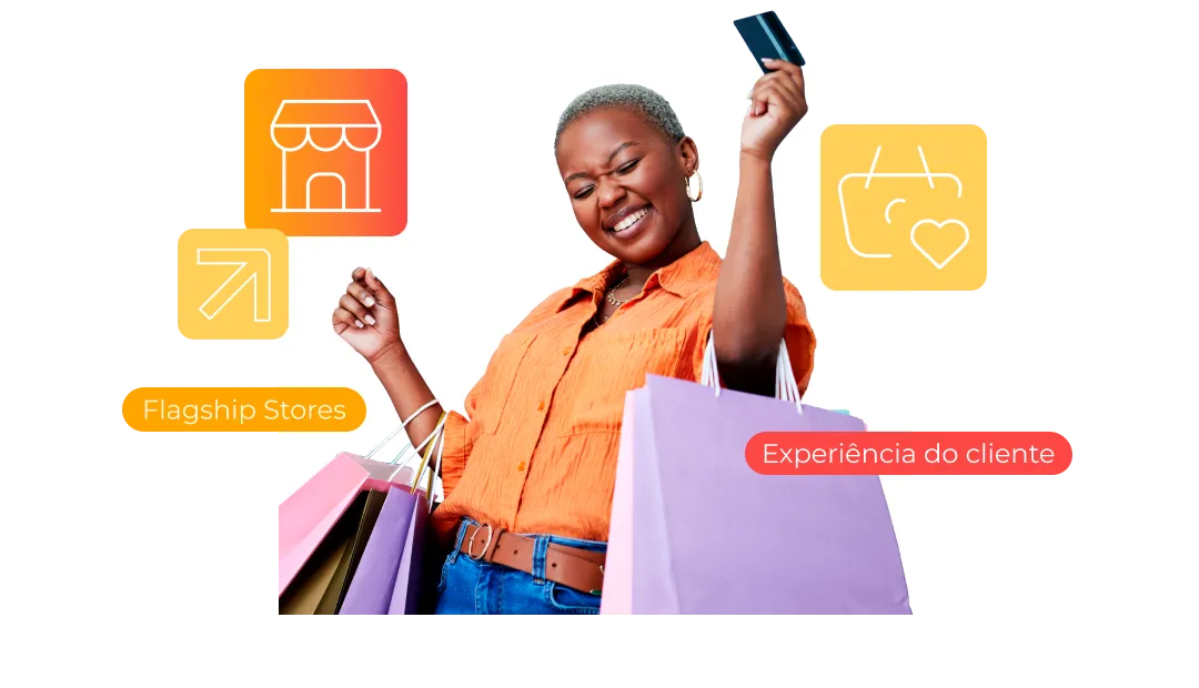 mulher com sacola de compras na mão e as palavras flagship store e experiência do cliente inseridas na imagem