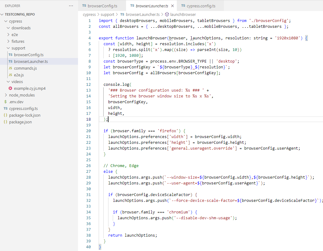 A screenshot of a browserLauncher.ts file