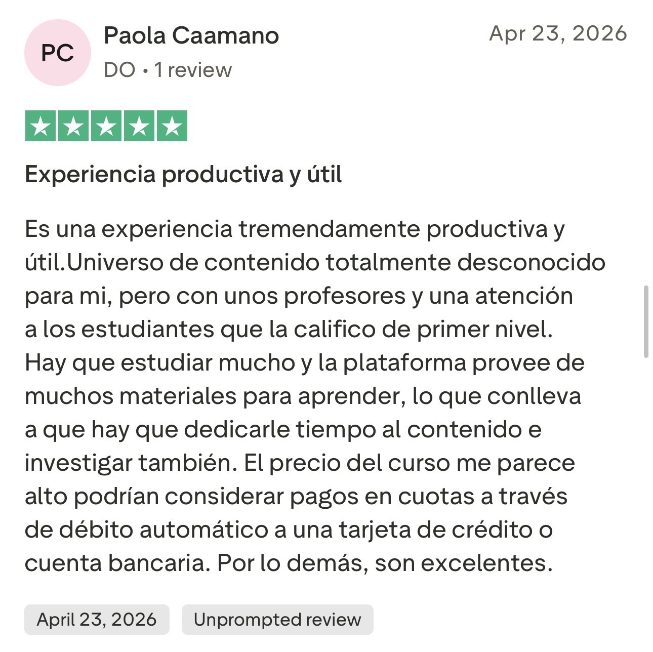 Reseña de estudiante en Trustpilot