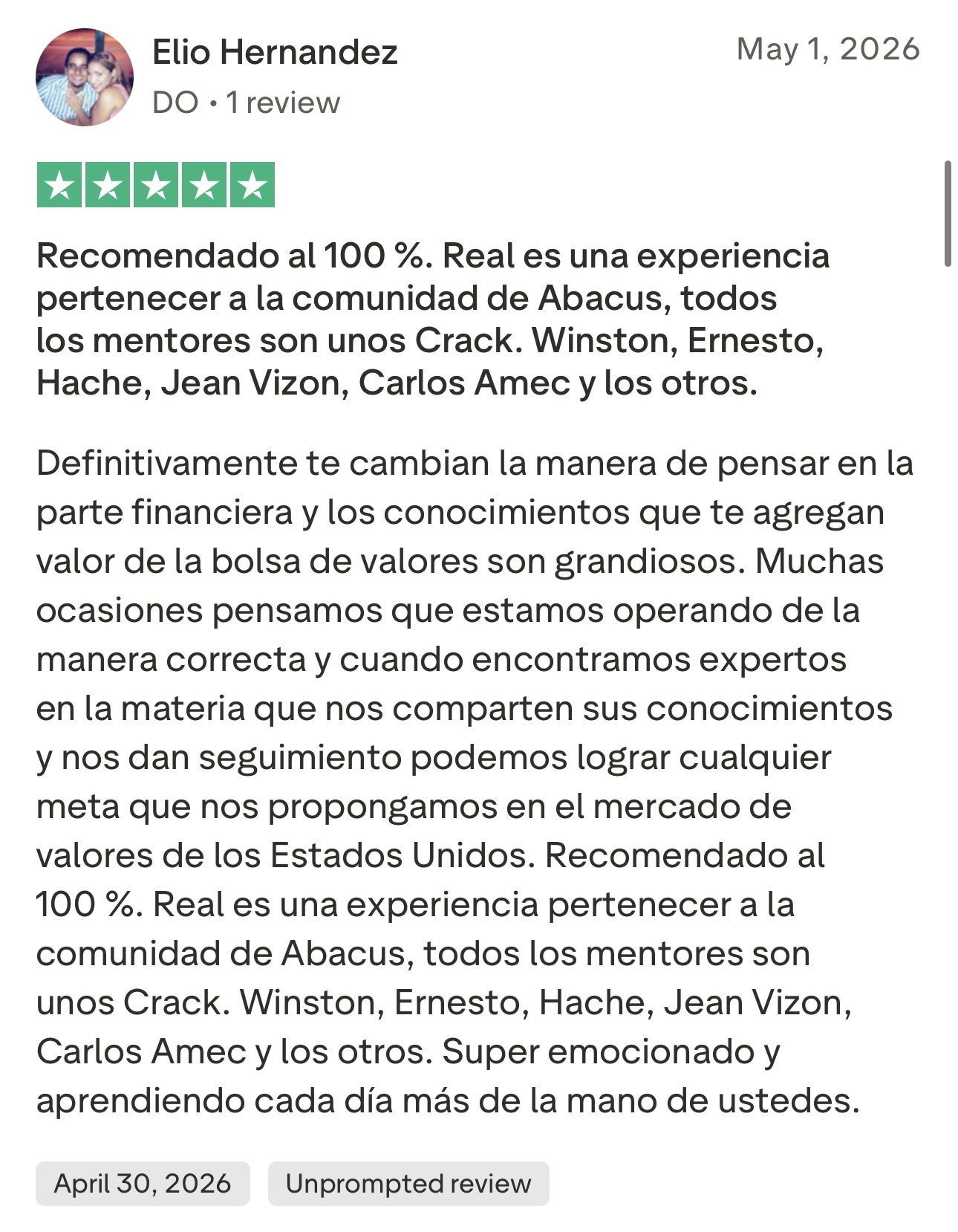 Reseña de estudiante en Trustpilot
