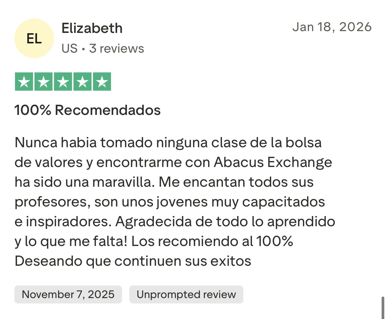 Reseña de estudiante en Trustpilot