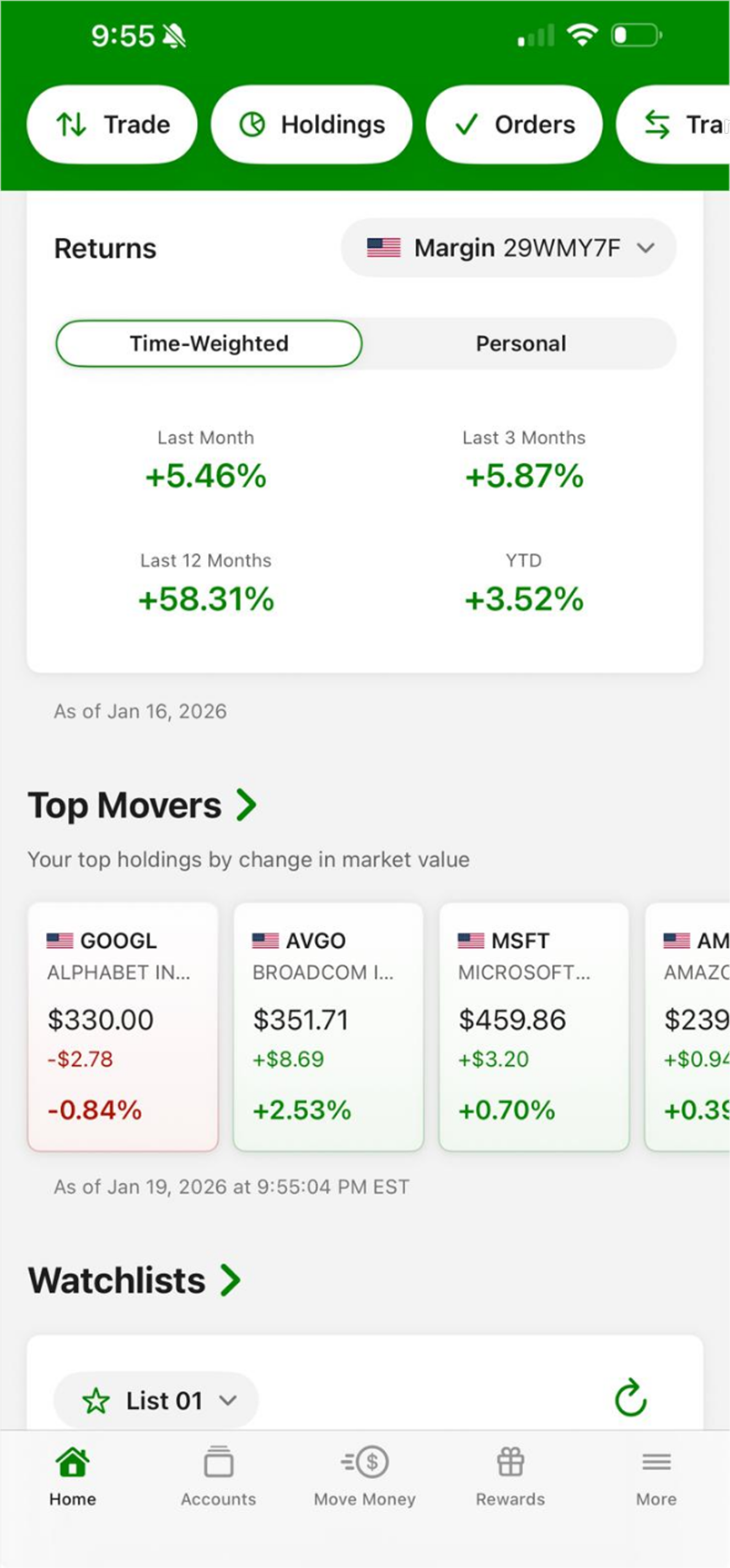 Rendimientos — vista de app del broker
