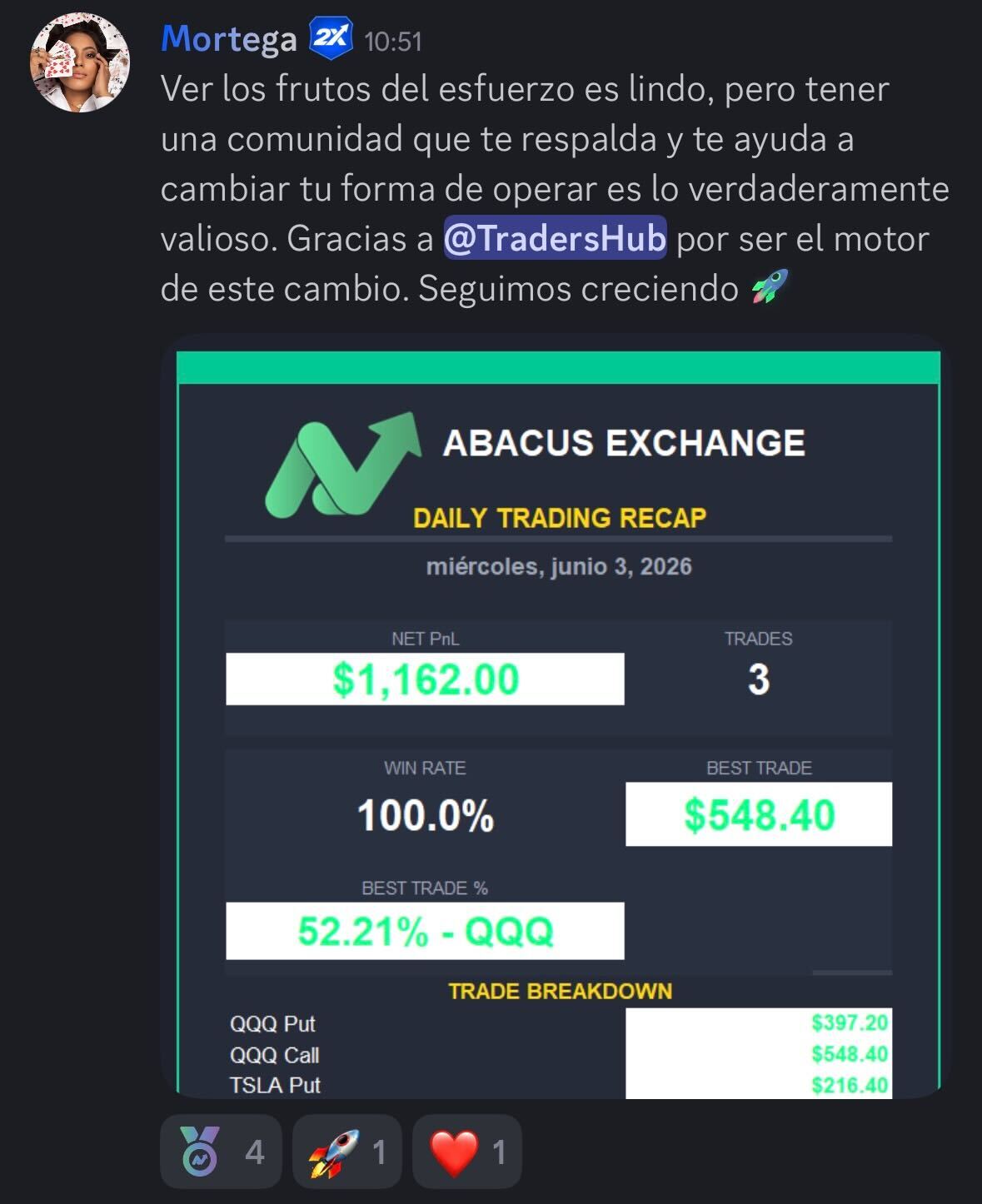 Testimonio real de un alumno de TradersHub (captura de Discord)
