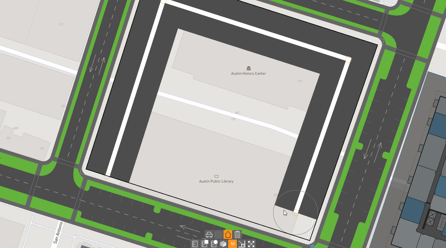 Drawing between the orange and gray circle adds another segments to the road/building.