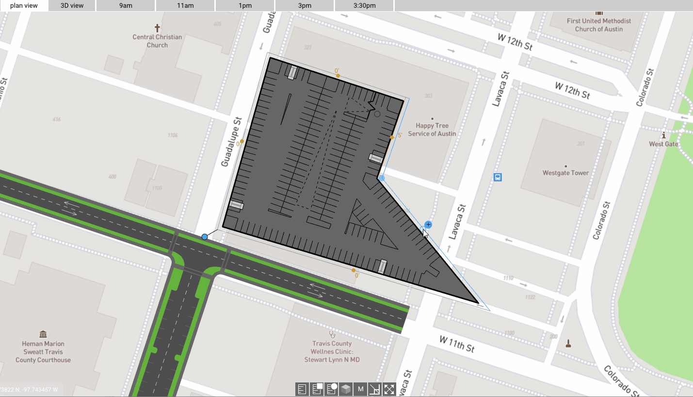 Use the property lines to manipulate massing for pointy podium garages, essentially blunting the edge.