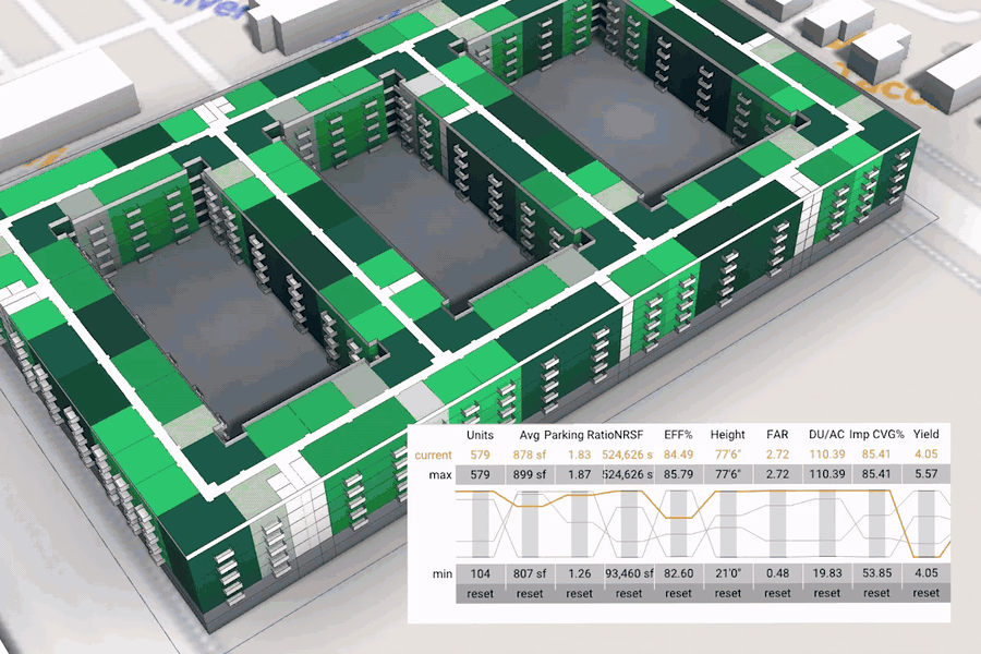 TestFit screen recording of one site switching between podium, wrap, gurban, and garden schemes