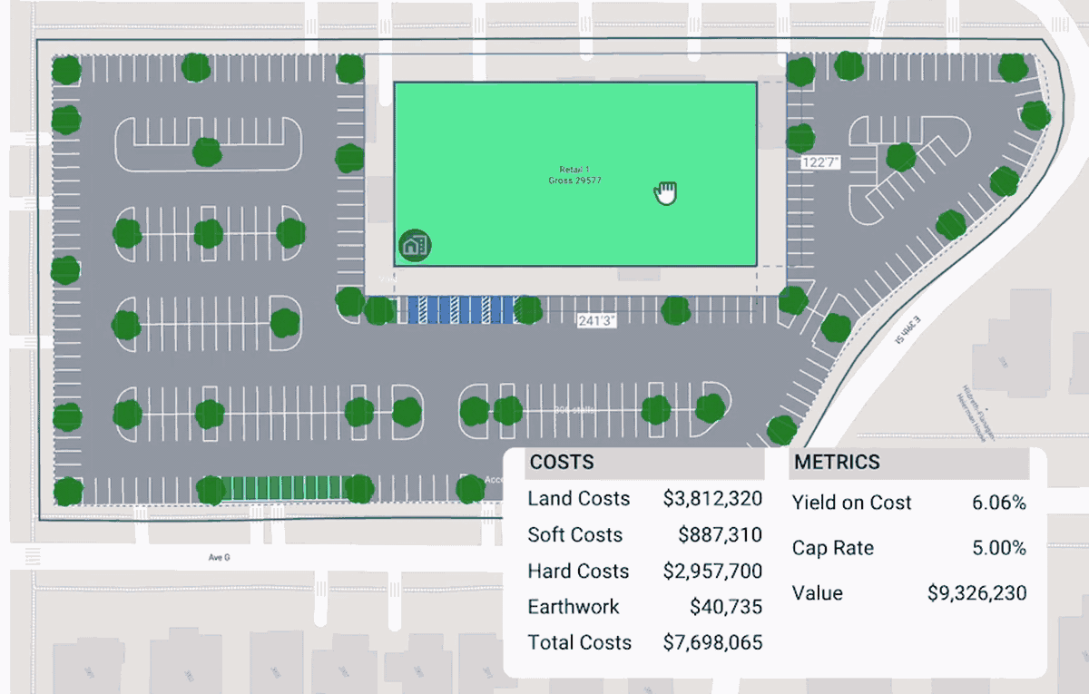Screen recording of a TestFit retail site plan. A retail building is dragged to different spots in a surface parking lot while a panel updates costs and metrics live, with yield on cost shifting between 5.94% and 6.16% as the building moves.