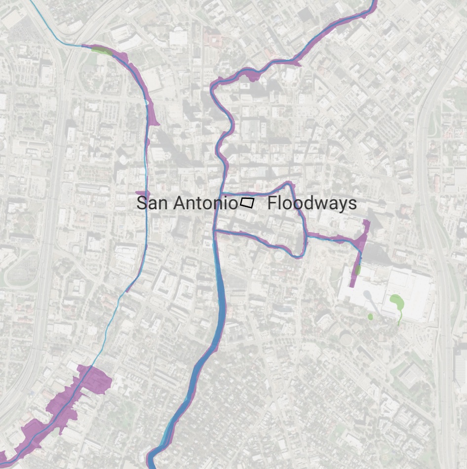 Map of San Antonio floodways along the River Walk and San Pedro Creek