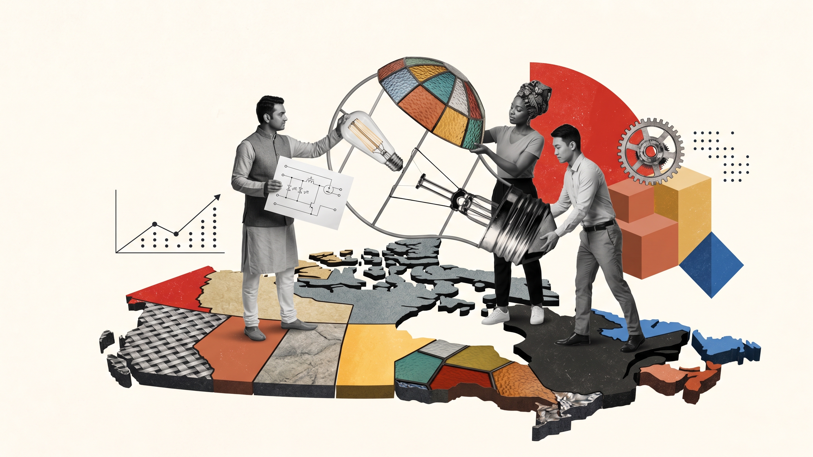 Three diverse individuals stand on a textured stylized map of Canada holding a large, colorful stained-glass light bulb frame together, with one person holding a schematic diagram; abstract elements including a gear, cubes, and a graph with an upward trend are in the background.