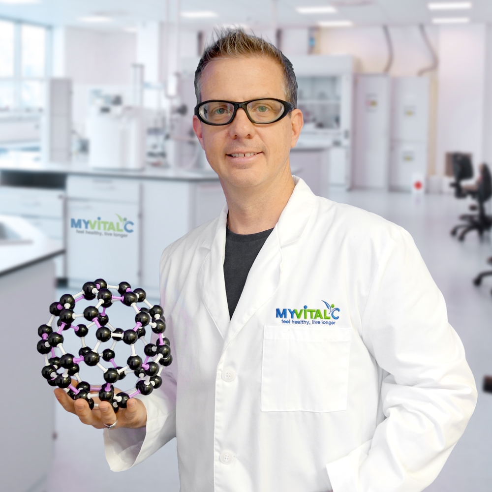Chris Burres is a mechanical engineer, research scientist, and co-founder of MyVitalC — the world's longest-standing manufacturer of ESS60 (Carbon 60). Since 1991, his company has produced scientific-grade carbon nanomaterials for research institutions worldwide, providing material that contributed to the 1996 Nobel Prize in Chemistry. Following the landmark 2012 Baati study showing a 90% lifespan extension in rats, Chris pivoted to human supplementation with a mission to help people live longer, healthier, pain-free lives through research-driven science.