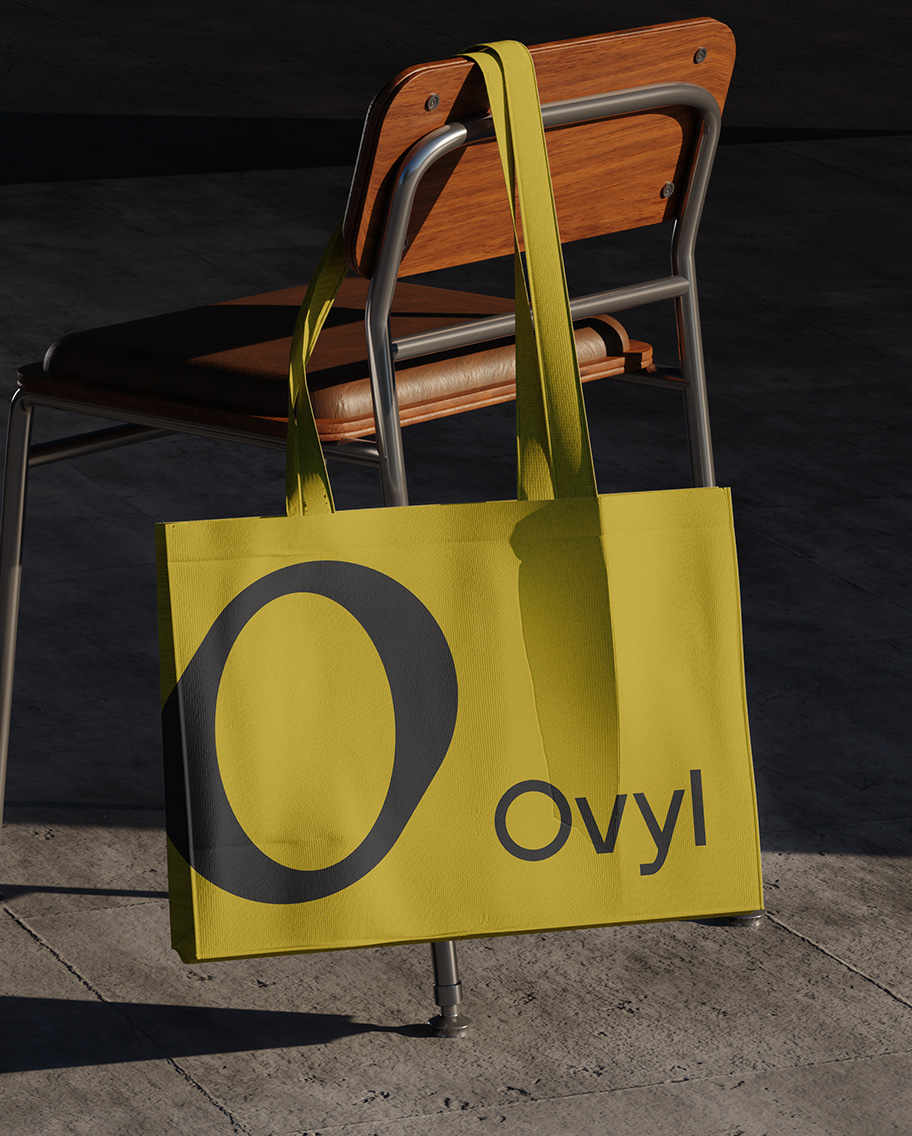 Ovyl branding and logo on a tote bag