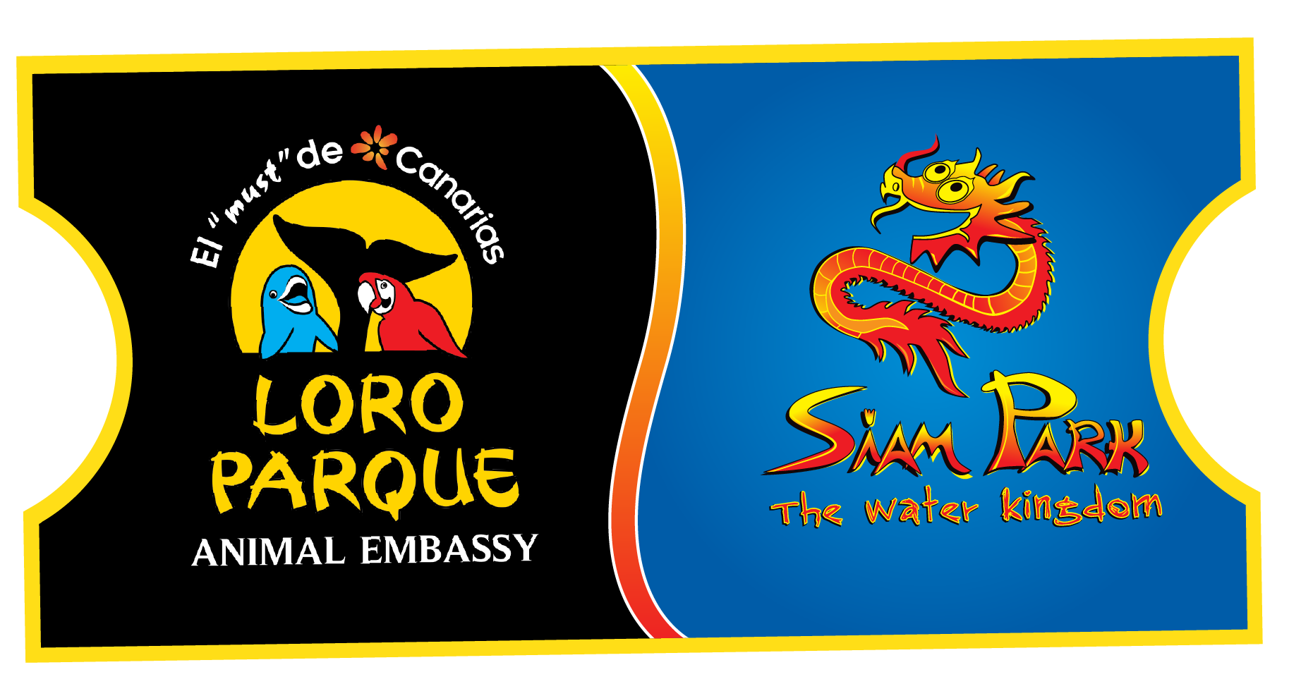 A Siam Park - Loro Park Twin Ticket in vibrant colours showing the quality of the parks