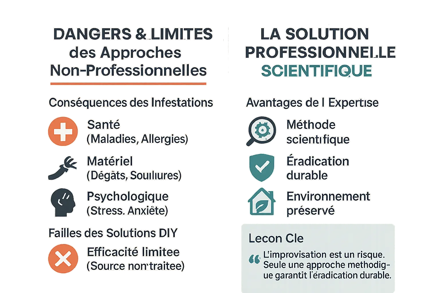 Infographie comparant les approches professionnelles et DIY pour la lutte contre les nuisibles