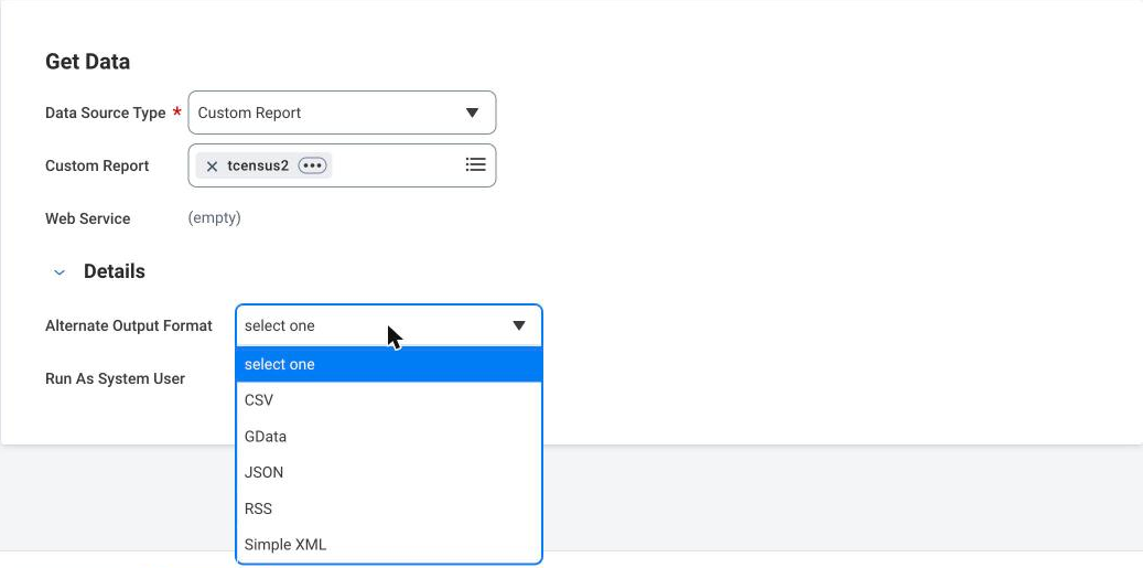 EIB Get Data step showing the Alternate Output Format options