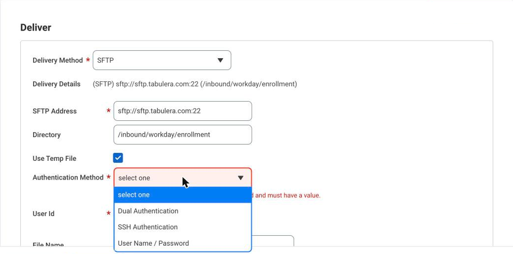 EIB Deliver step showing SFTP Authentication Method options