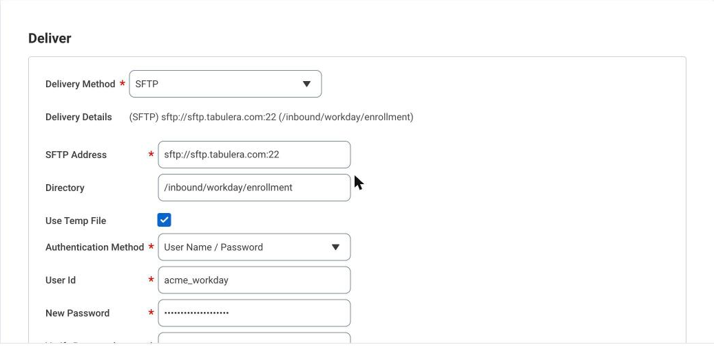 EIB Deliver step completed with Tabulera SFTP address, directory, user ID and file name