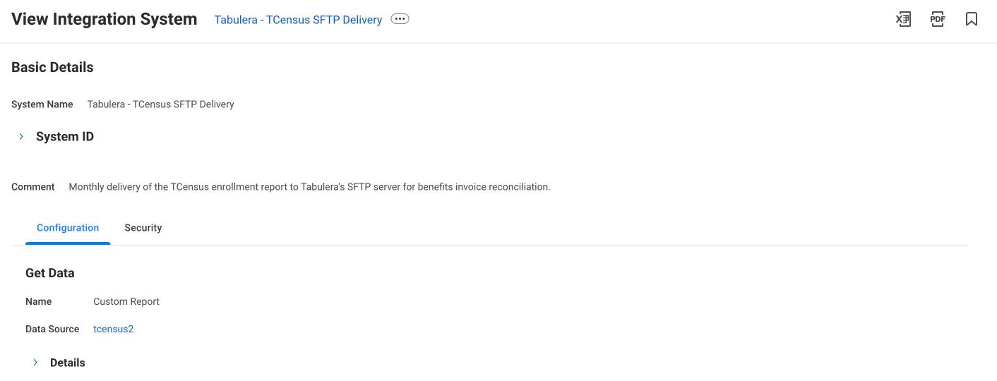 Workday View Integration System page for the Tabulera TCensus SFTP Delivery EIB