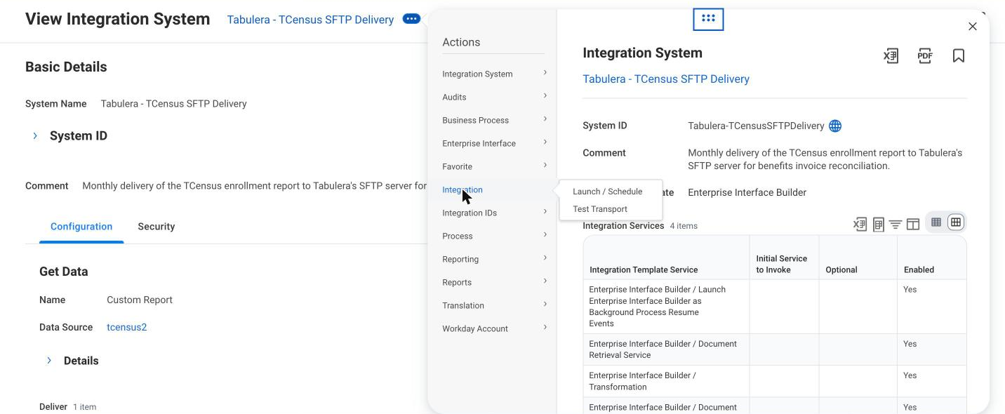 Related actions menu with Integration, Launch / Schedule selected