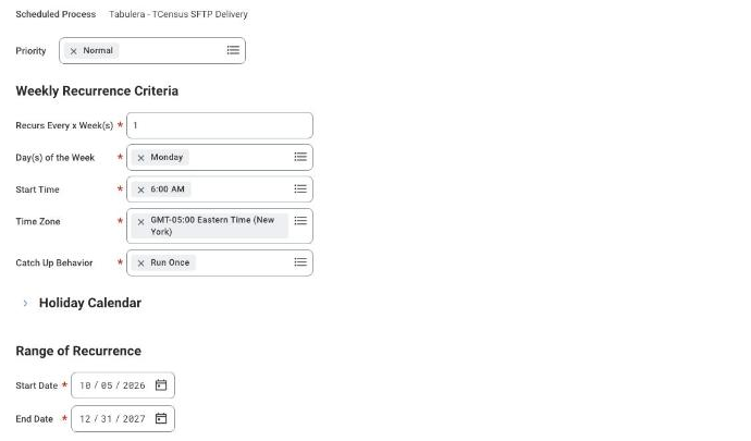 Schedule tab set to weekly recurrence on Monday at 6:00 AM