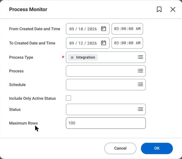 Workday Process Monitor prompt filtered to Process Type Integration