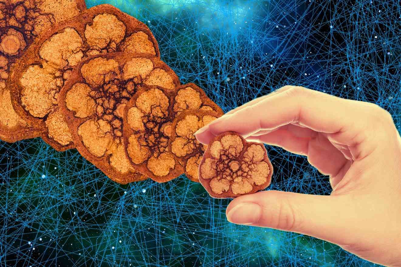 Collage of a hand holding a small brown textured disc against a dark starry background of glowing blue lines