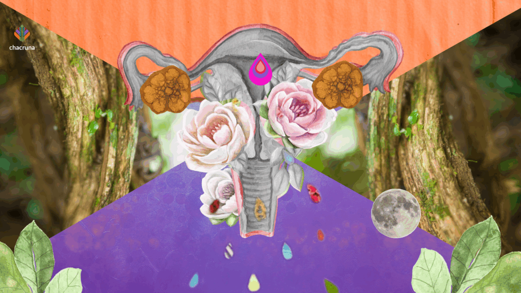 Illustration of a uterus decorated with flowers, a moon and falling drops, set against forest trees
