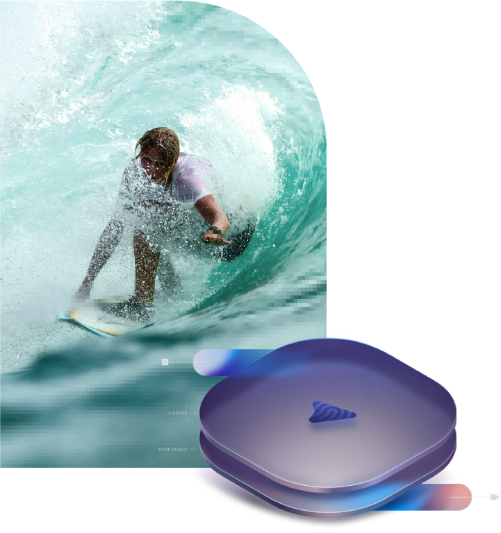 Photo of a surfer overlaid with illustration of server