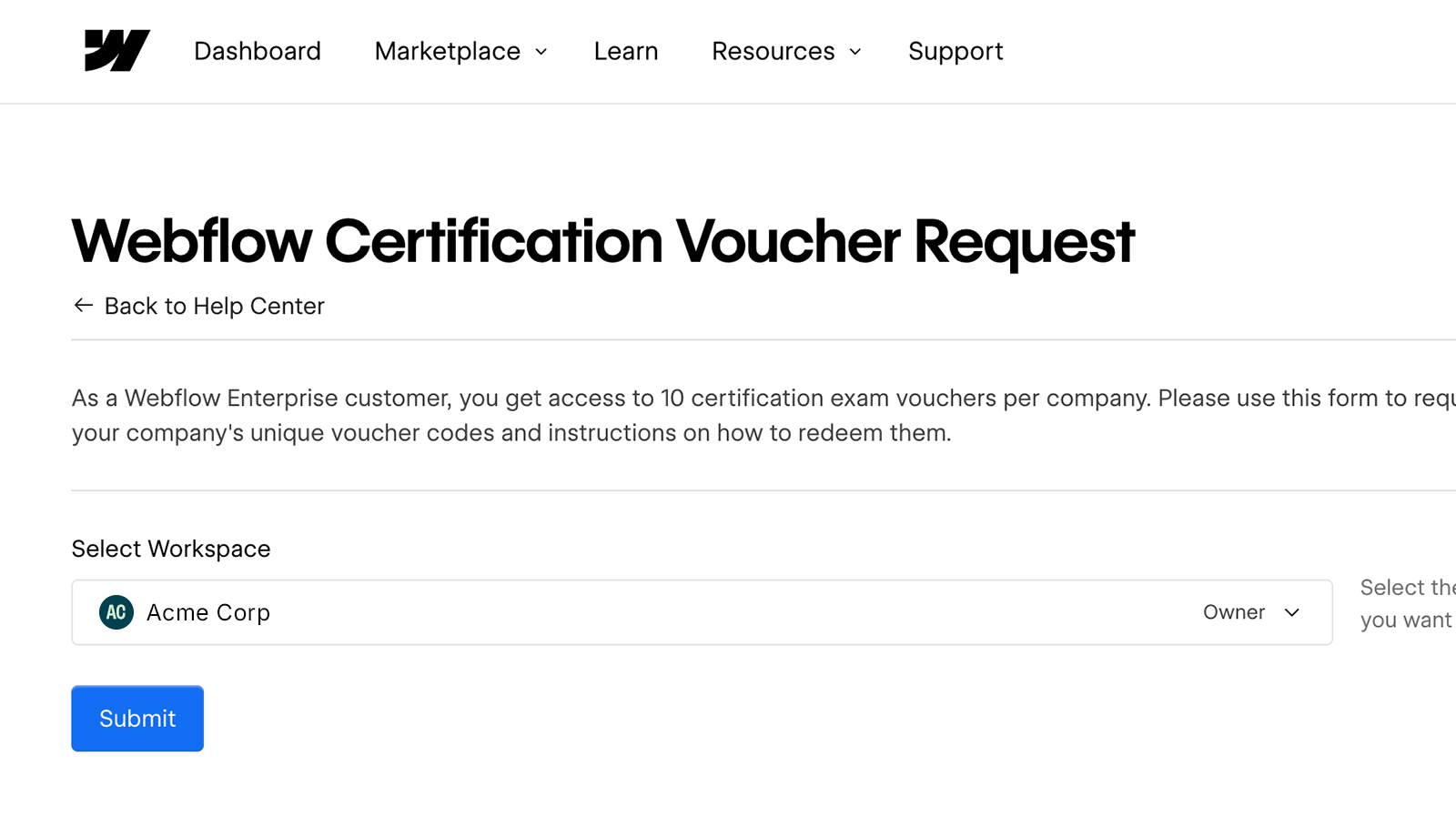 Screenshot of the Webflow Certification Voucher request page in the Support Portal, featuring a "Select Workspace" dropdown and submit button.