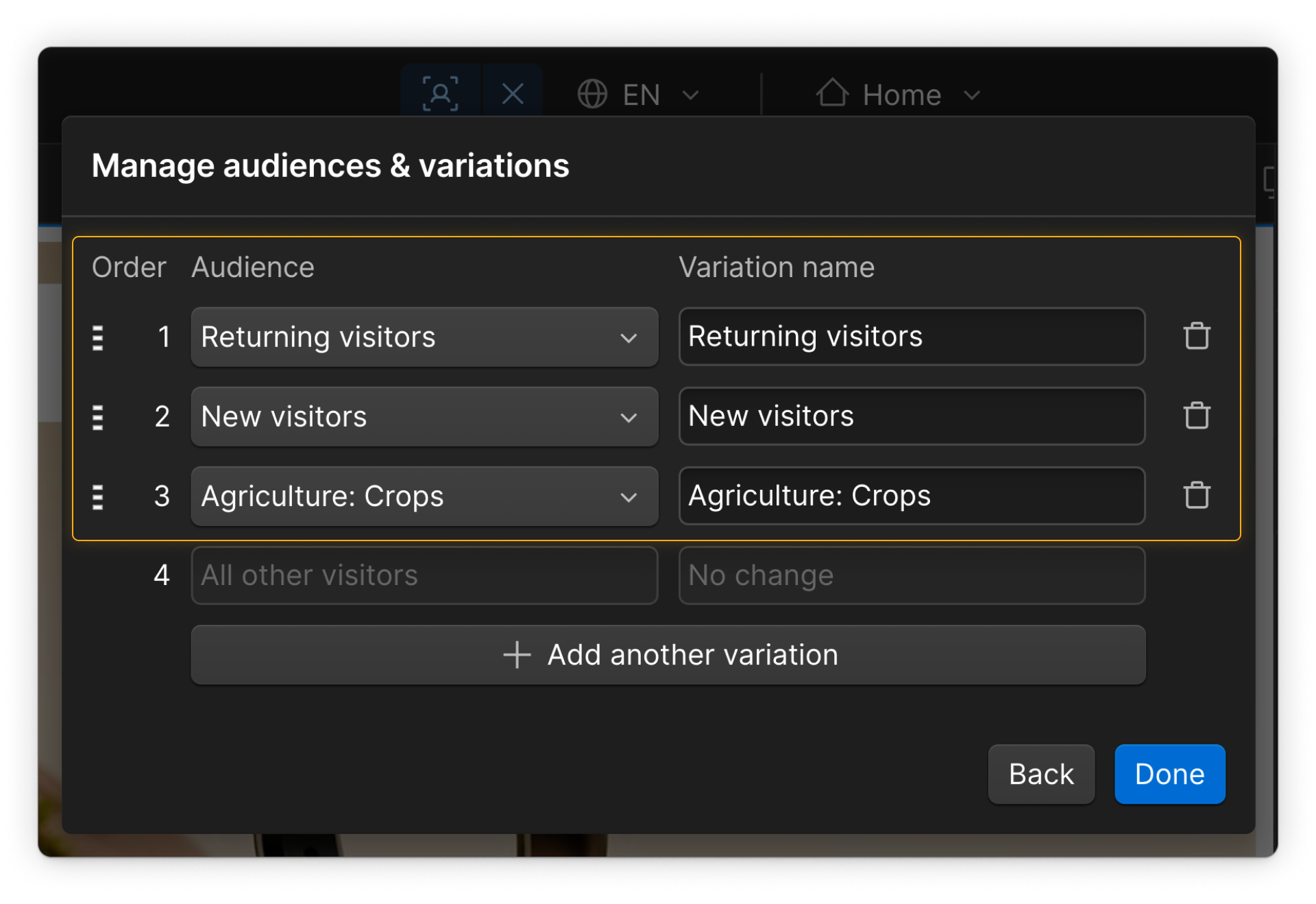 Manage audiences & variations modal with draggable rows for setting audience priority: Returning visitors, New visitors, then Agriculture: Crops.