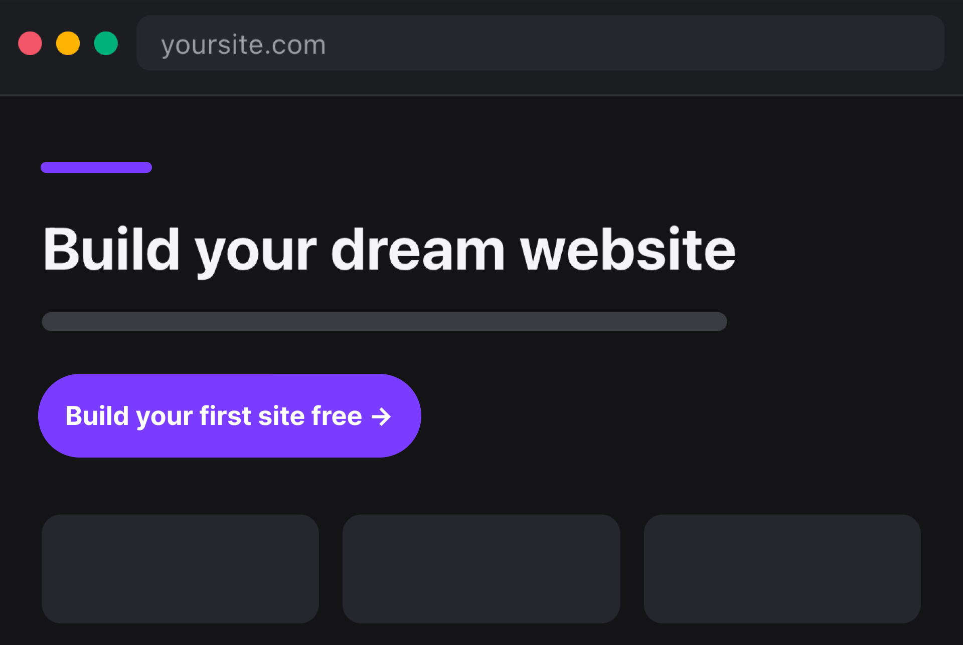 Variation A webpage with the headline “Build your dream website” and a purple “Build your first site free” CTA button.