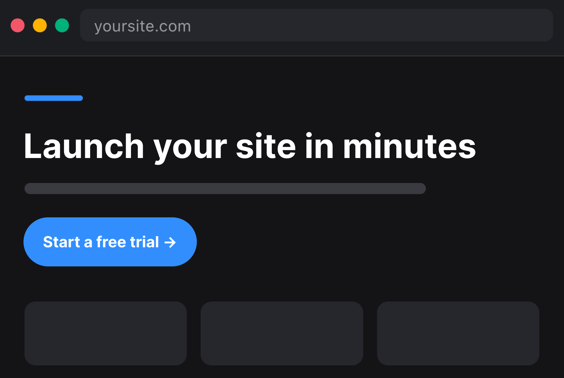 Variation B webpage with the headline “Launch your site in minutes” and a blue “Start a free trial” CTA button.