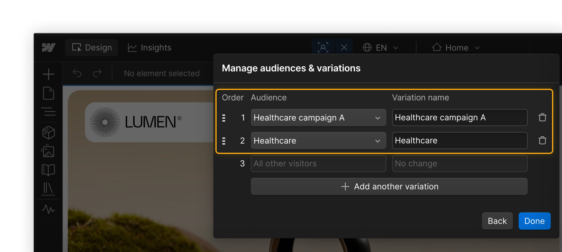 Manage audiences & variations modal with draggable rows setting “Healthcare campaign A” above “Healthcare” in audience priority.