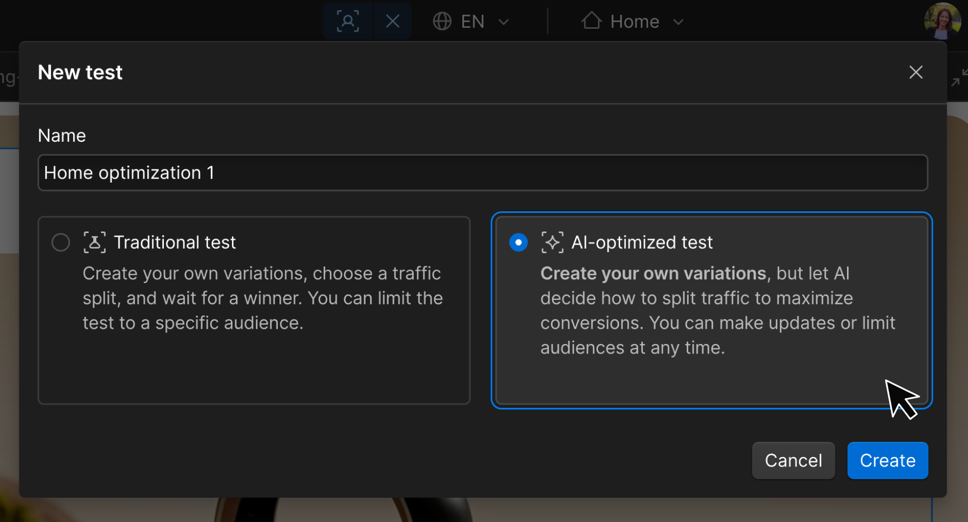 New test modal with “AI-optimized test” selected to let AI split traffic among variations to maximize conversions.