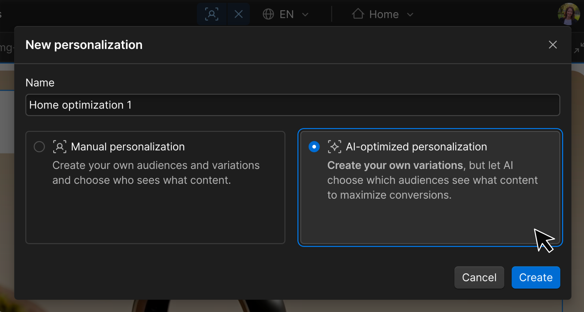 New personalization modal with “AI-optimized personalization” selected to let AI choose which audiences see each variation.