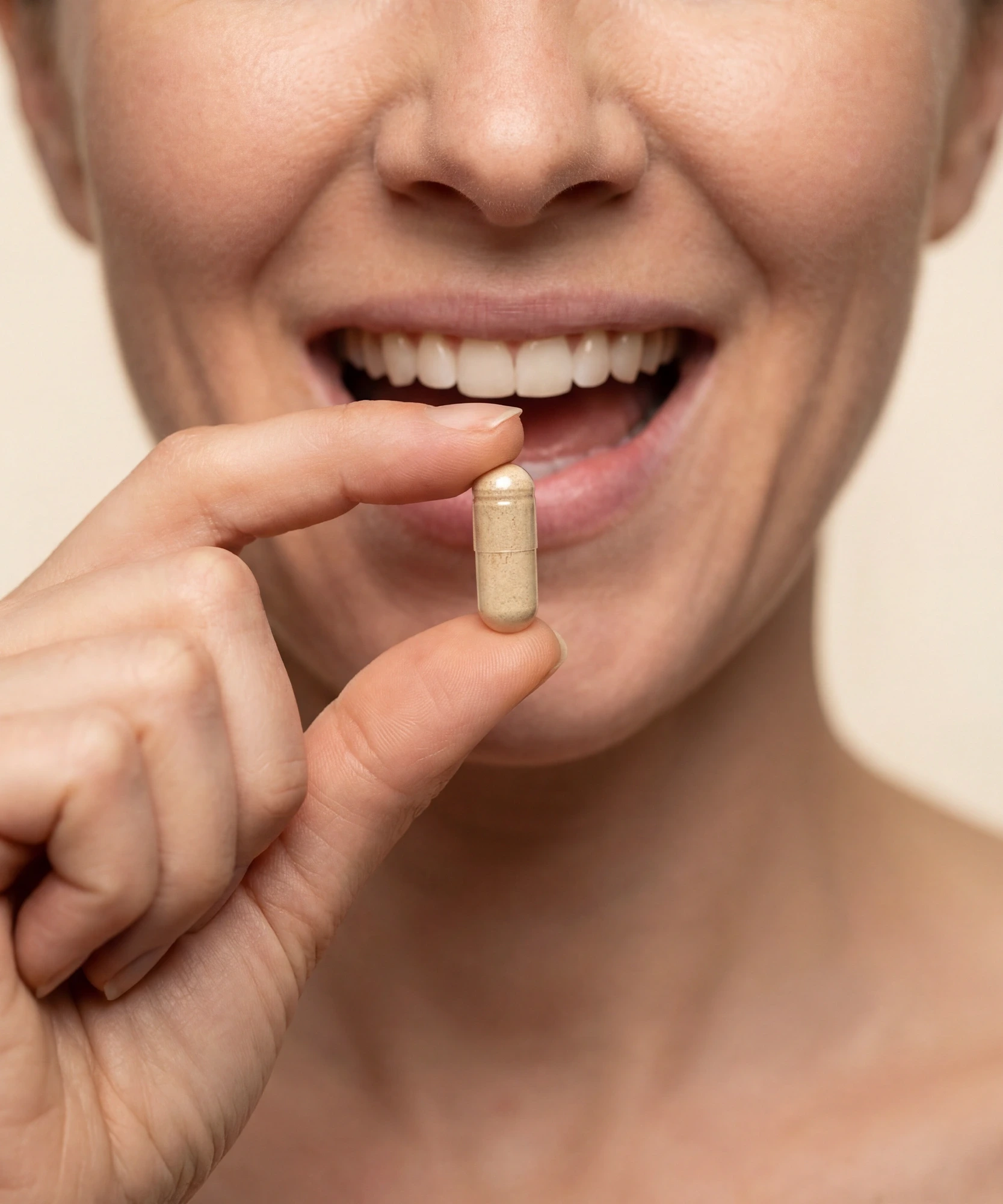 Habité žena s kapslí v rukou.