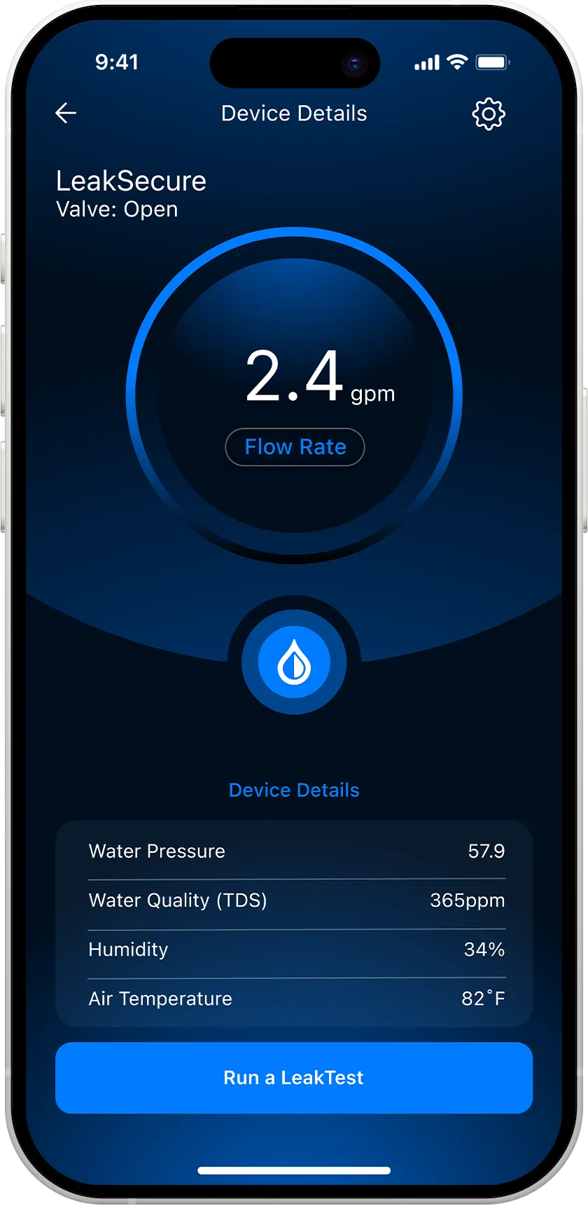 LeakSecure Device Details screen on iPhone