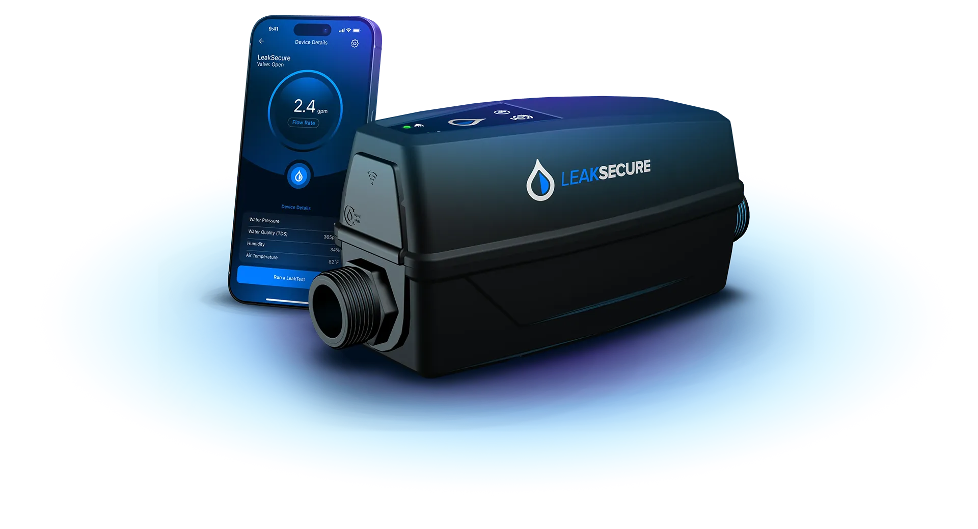 Rendering of the LeakSecure device and iPhone displaying the main app screen