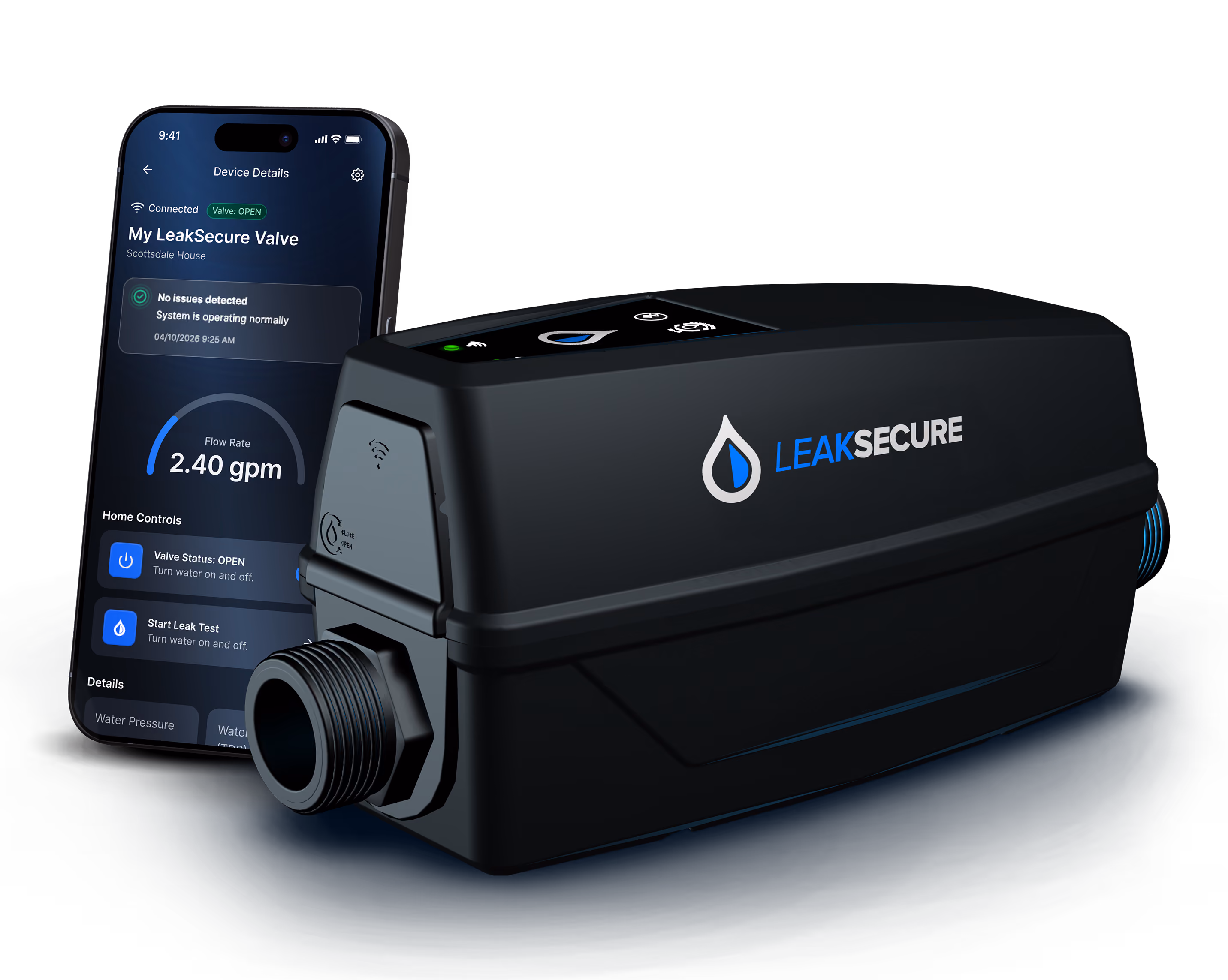 Rendering of the LeakSecure device and the homeowner app main screen