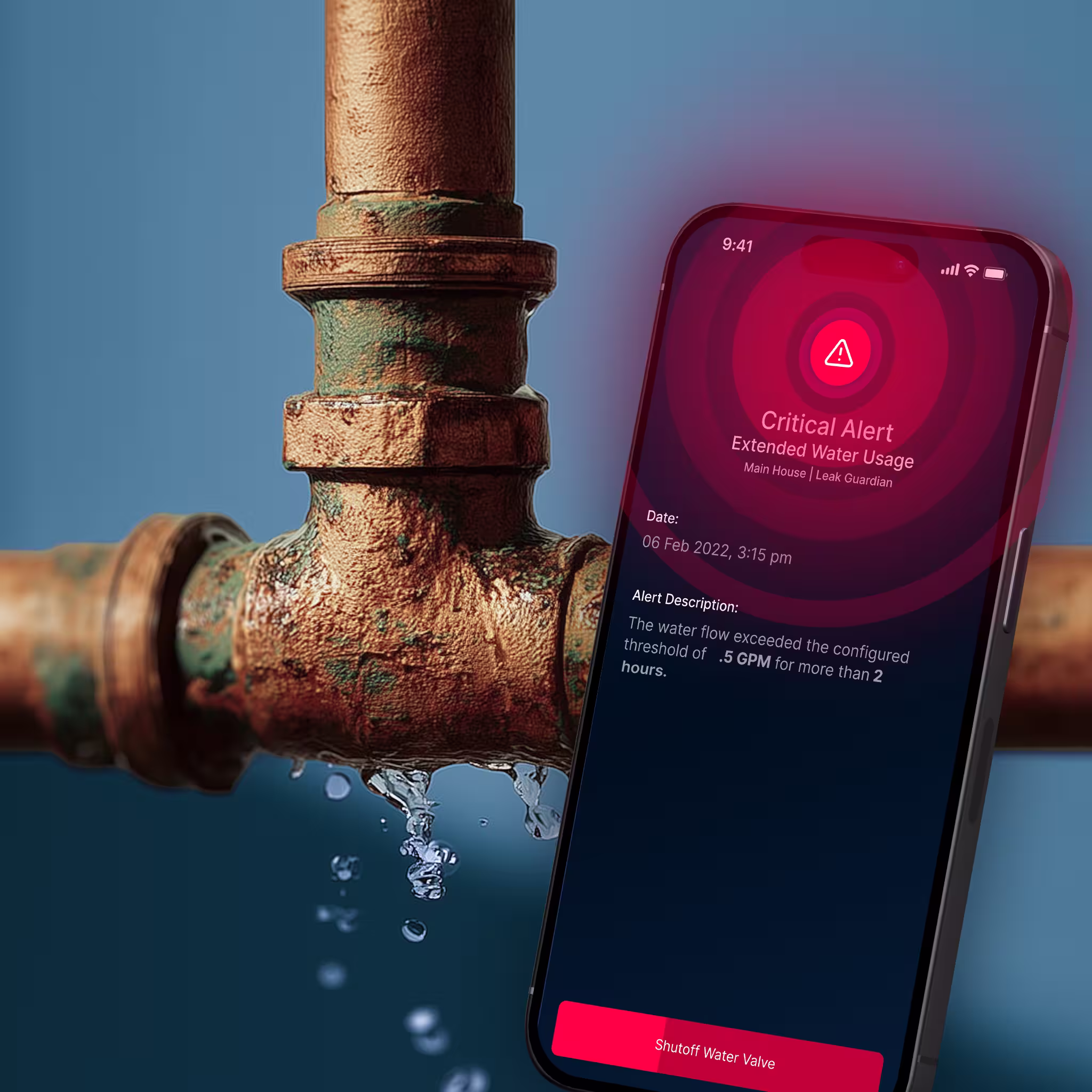 rendering of a critical alert screen on an iPhone17 posed infront of a leaking copper plumbing pipe.