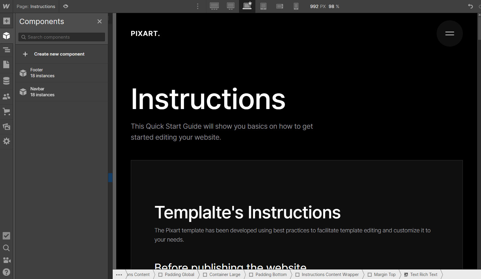 Component Instructions - Pixart Webflow Template